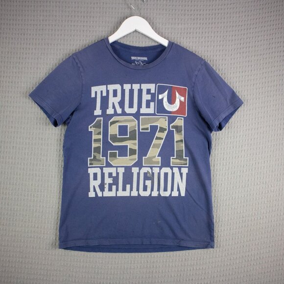 True Religion Thrashed Logo Tee Mens Small Blue - Picture 1 of 8